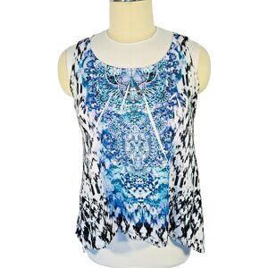 Women's XL Tank Top Beaded Scoop Neck Abstract Sublimation Print Sharkbite Hem